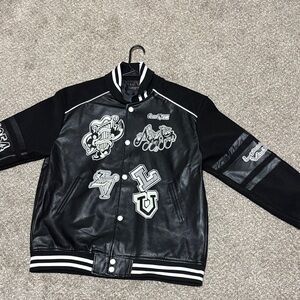 Classic Louis Vuitton Black Varsity Jacket with Embroidered Designs